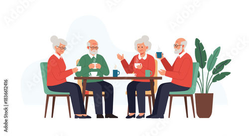 Group of four elderly friends, two men and two women, enjoying coffee and conversation together at a table. This illustration represents senior social life, friendship in retirement, and community.