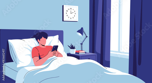 Young man relaxing in bed late at night, using his smartphone before going to sleep. This illustration depicts modern habits, technology use in the bedroom, and issues like insomnia or screen time.