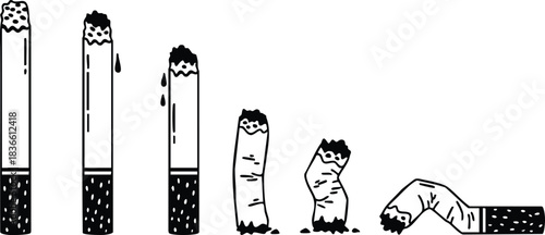 Line art minimalist close series of cigarettes burning ash dropping and progressively crushed to stub with sad faces anti smoking concept in black and white illustration