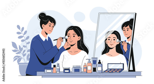 Professional makeup artist applying blush with a brush to a smiling young woman sitting in front of a mirror. This illustration depicts a beauty salon service, cosmetics application, and skincare.