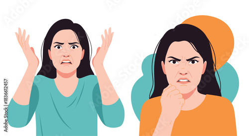 Two portraits of an angry and frustrated young woman, one with hands up in exasperation and the other with a clenched fist. This illustration depicts rage, irritation, and negative emotions.