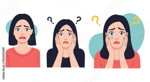 Set of three portraits of a young woman showing expressions of sadness, confusion, and despair, with question marks. This represents anxiety, mental health issues, worry, and emotional distress.