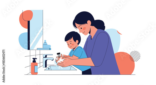 Mother patiently teaching her young son how to wash his hands properly with soap and water at a bathroom sink. This illustration promotes hygiene, health, disease prevention, and parenting.