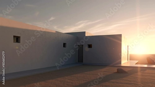 Architectural visualization of modern desert villa at sunset displaying peaceful and minimalistic