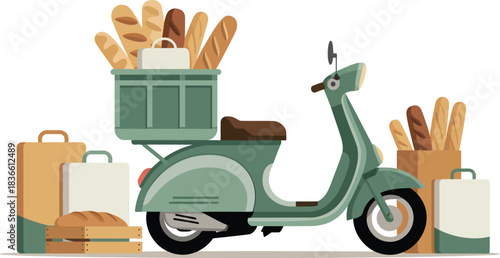 Vintage Moped Delivery Scooter Full Of Baguette Bread Pastry Fresh Food Order From Bakery Shop With Paper Bags And Wooden Box Flat Vector