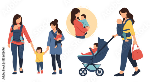 Set of illustrations showing mothers with their children in various daily situations, including walking with a toddler and pushing a stroller. This collection celebrates motherhood and parenting.