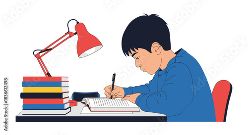 Young boy sitting at a desk with a stack of books and a lamp, diligently writing in a notebook. This illustration represents studying, homework, education, and the learning process for a student.