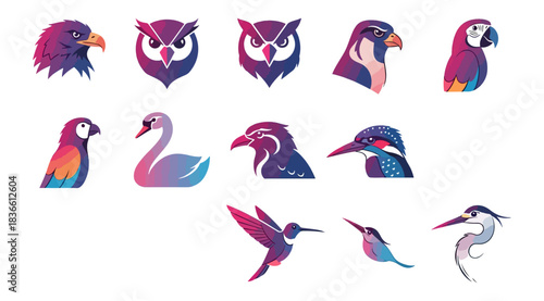Diverse avian portraits in gradient hues