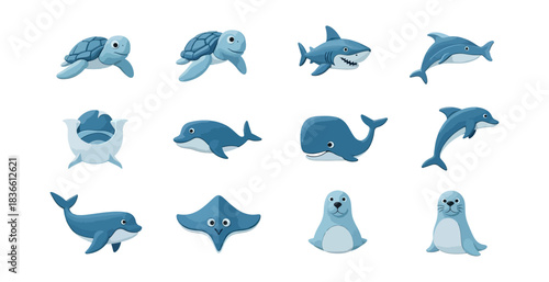 Marine animal collection cartoon illustrations on black background