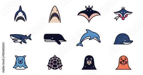 Marine animal icons collection illustrated vector set