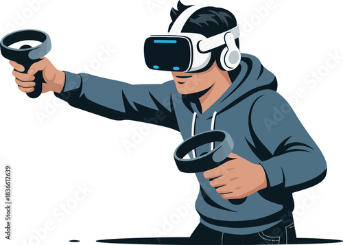 Virtual reality game player with headset and controllers holding and play game