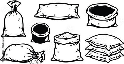 Hand drawn line art collection of eight grain sacks and flour bags shown from multiple angles isolated black ink sketch rustic packaging including tied pillow views
