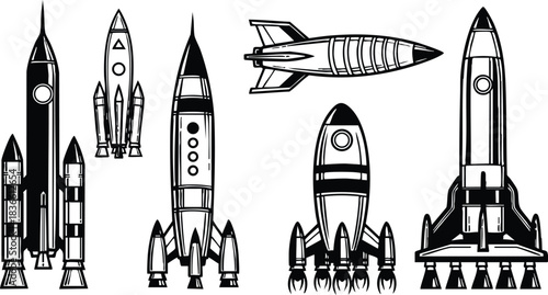 Line art vector set of seven black and white retro rockets and shuttles in side and front views for technical design and icon use schematic outlines