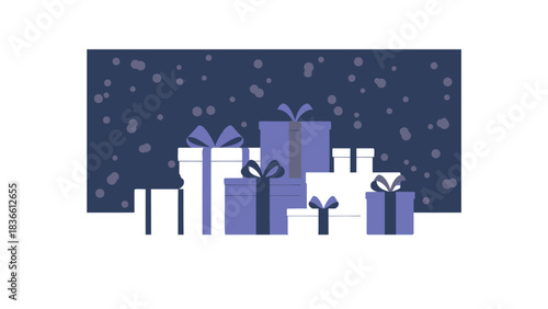 Festive pile of blue and white wrapped gift boxes with ribbons and bows against a dark blue snowy background