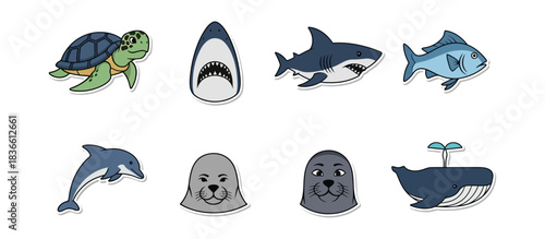 Marine animals set cartoon illustrations on dark background