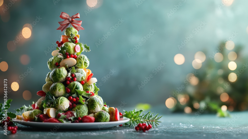 Fototapeta premium Veganuary winter challenge. Christmas tree made from Brussels sprouts and vegetables, seasonal renewal and plant based healty concept