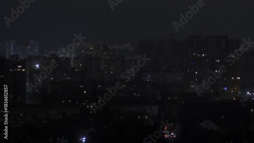 Kyiv Blackout: Residential and commercial buildings during a scheduled or emergency power outage following Russian strikes on energy infrastructure. December 6, 2025