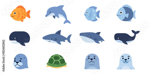 Pixelated marine life collection on black background