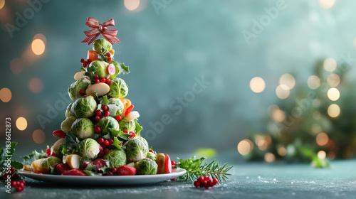Veganuary winter challenge. Christmas tree made from Brussels sprouts and vegetables, seasonal renewal and plant based healty concept