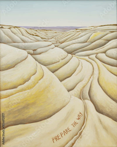 Surreal desert canyon illustration with soft pastel dunes, spiritual path through hills and inspirational text Prepare the Way
