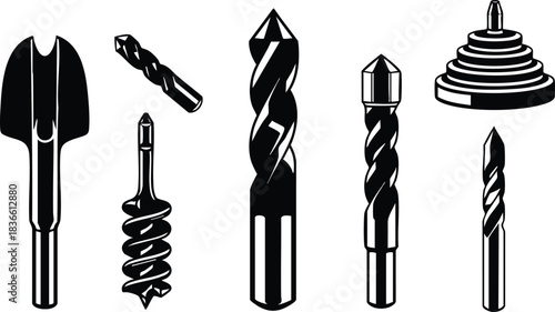 Flat design close up row of drill bits and auger bits in silhouette on white background high contrast industrial tool set vector icons technical illustration collection