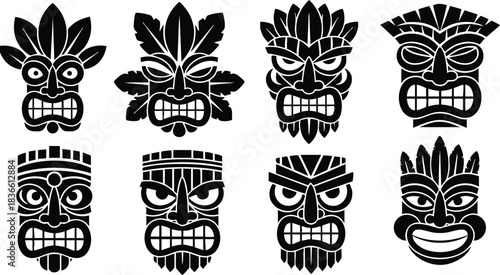 Flat design set of eight tribal tiki mask vector silhouettes frontal and three quarter faces bold black graphic shapes ornamental facial carvings symmetrical arranged grid isolated