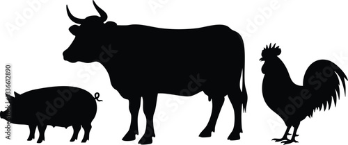 Silhouette vector art side view farm animal trio standing in a row high contrast black shapes on white background minimalist graphic clip art editable scalable vectorized