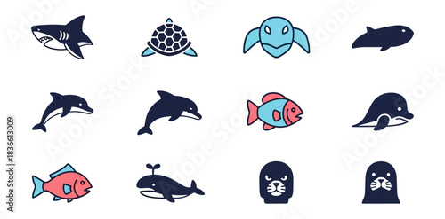 Marine life collection of vector illustrations on black background