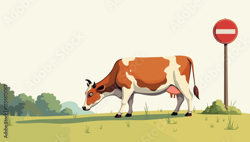 Spotted cow grazing on green field beside no entry road sign