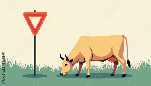 Yellow cow eating grass beside yield traffic sign