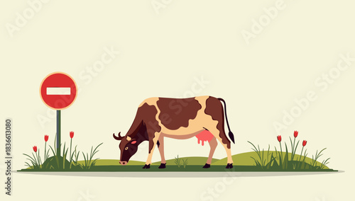 Brown spotted cow grazing near no entry sign with tulips