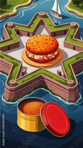 Fantasy fortress island with giant spicy burger and paprika tin in vibrant cartoon illustration