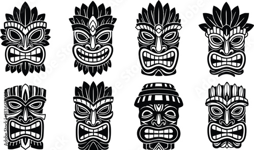 Tattoo flash tiki mask set eight bold tribal faces in two rows close up vector line art black and white with fierce expressions and wood grain