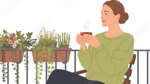 Woman Relaxing on Balcony with Flowers Enjoys Fresh Air and Warm Drink Vector Illustration with Serene Ambience and Modern Design