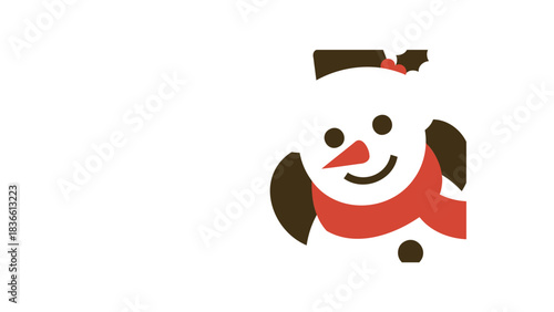 Close up of a cheerful cartoon snowman face with a red scarf and black hat on a white background