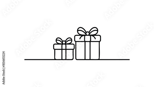 Minimalist hand drawn line art illustration of two gift boxes with bows on a simple horizontal line against a white background