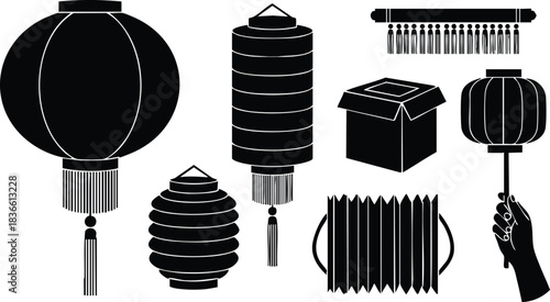 Silhouette vector flat design close up assorted traditional paper lanterns round cylindrical accordion and tassel shapes with a hand holding a stick lantern festival display scene