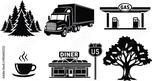 Flat design bold silhouette travel icon set showing side view truck diner gas station coffee cup pine and oak trees us route sign isolated vector elements