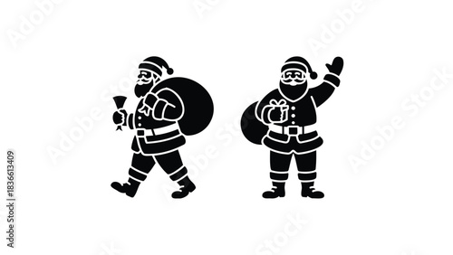 Two silhouette christmas santa claus characters one carrying a sack and the other holding a gift waving hello