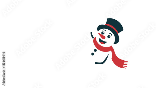 Cheerful cartoon snowman wearing a black top hat and red scarf waving hello with a friendly smile on a white background