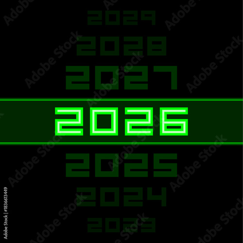Abstract futuristic digital display showing the year 2026 in vibrant green neon, symbolizing business planning, future vision, and technological progress against a dark, minimalist backdrop.