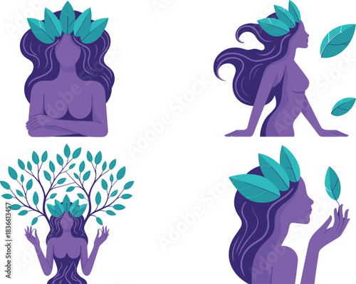 Abstract nature goddess illustration, eco woman with leaves, environmental harmony concept, botanical feminine figure, organic beauty art, modern vector design