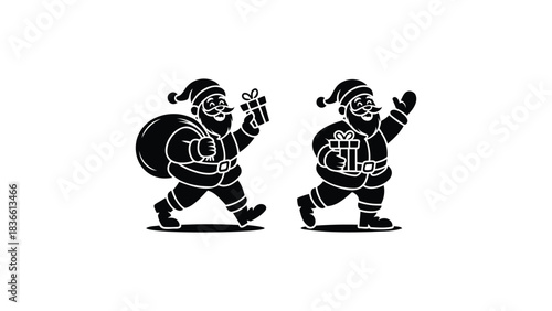 Two stylized black and white silhouette illustrations of santa claus characters walking and carrying gifts and a sack