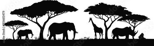 African wildlife silhouette scene with elephants, giraffe, rhino, gorilla, acacia trees, safari landscape illustration, nature conservation artwork