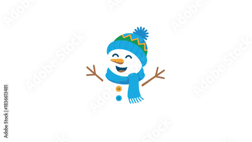 Cheerful cartoon snowman wearing a blue and green striped winter hat and scarf with a happy expression and twig arms outstretched