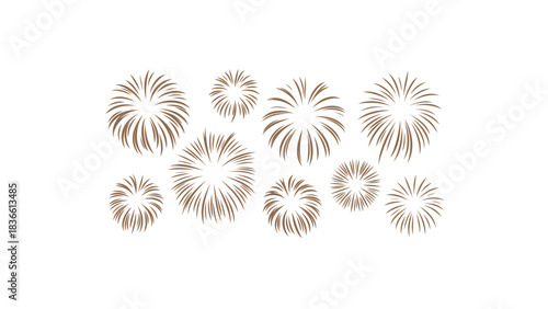 Collection of stylized fireworks exploding in a vibrant display against a white background celebrating a festive occasion