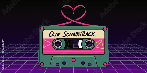 Retro love mixtape cassette with neon heart tape loop and grid background, 80s synthwave romantic music illustration