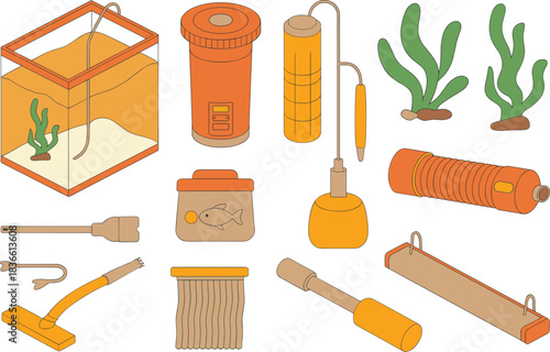 Aquarium equipment and aquatic plants vector set including filters, tank tools, fish supplies, water pump, cleaning accessories, flat illustration collection