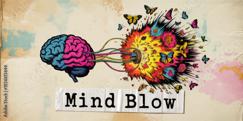 Colorful exploding brain illustration with butterflies and flowers, creative mind blow concept, retro grunge background art