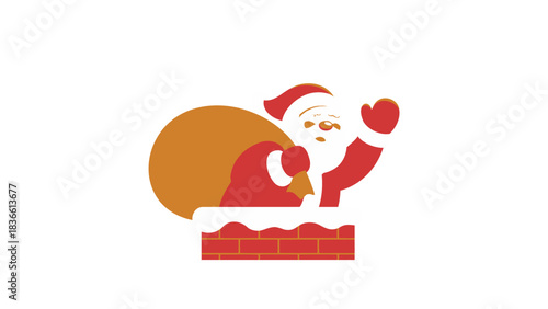 Whimsical flat design illustration of santa claus with a large gift sack descending down a chimney on christmas eve